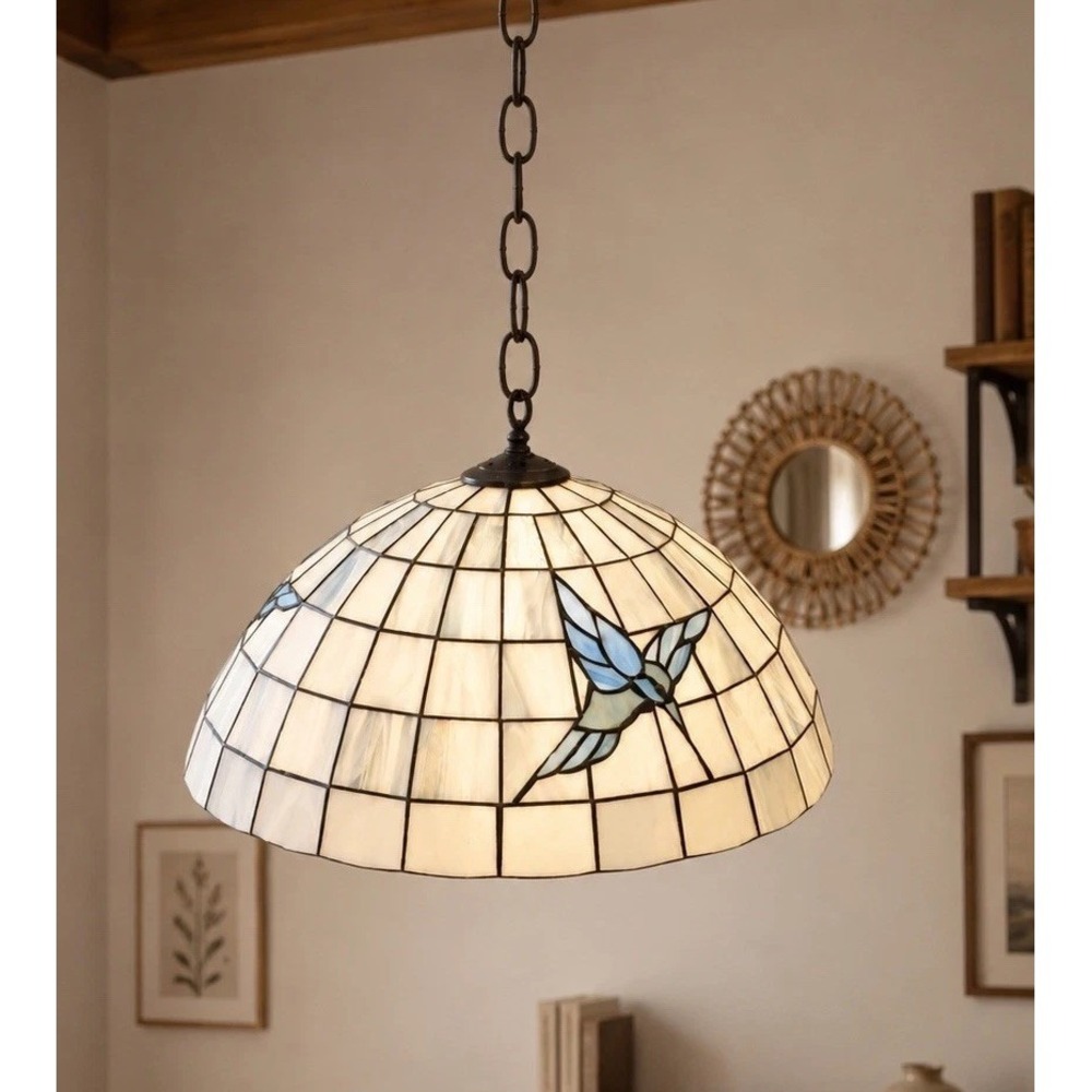 Vintage Tiffany Stained Glass Blue Birds Ceiling Lamp Shade Light Fixture Boho
